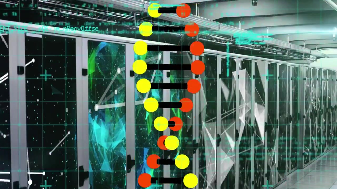 Digital DNA Strand Animation Over Server Room Background