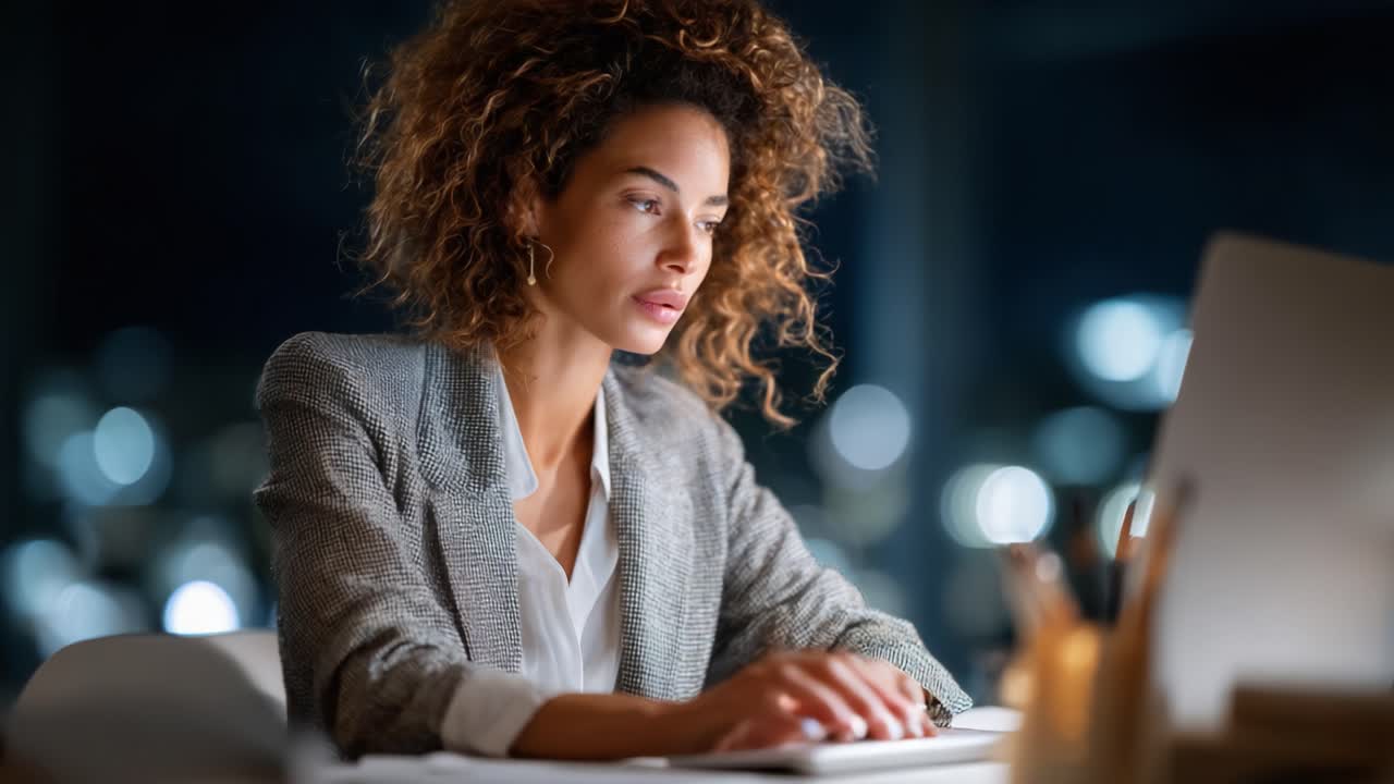 Focused Nighttime Work: A Professional Woman Engaged in Thoughtful Reflection While Using a Computer in an Ambient Office Environment