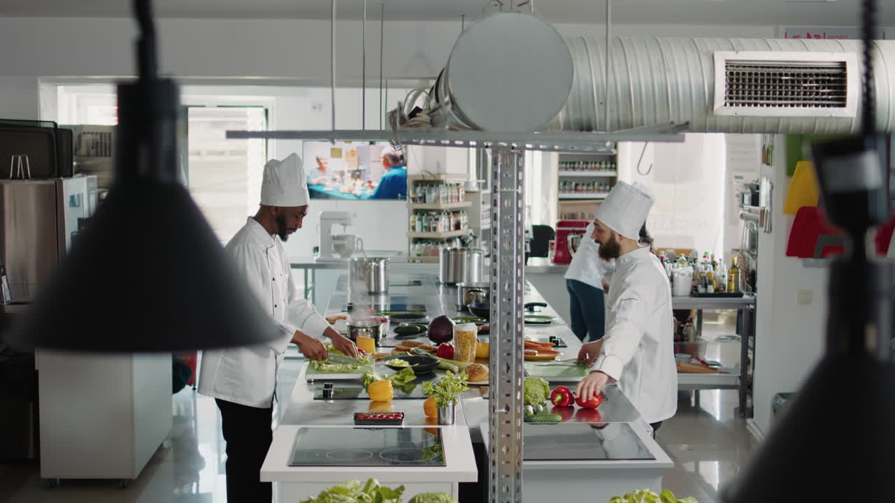 Diverse team of chefs preparing ingredients for culinary recipe