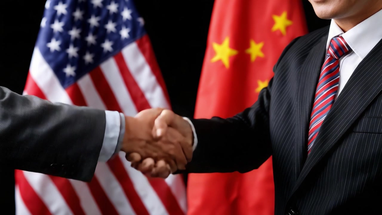 Diplomatic Engagement: Symbolic Handshake Between Representatives Under Flags of Two Global Powers Represents Cooperation and Unity in an International Context