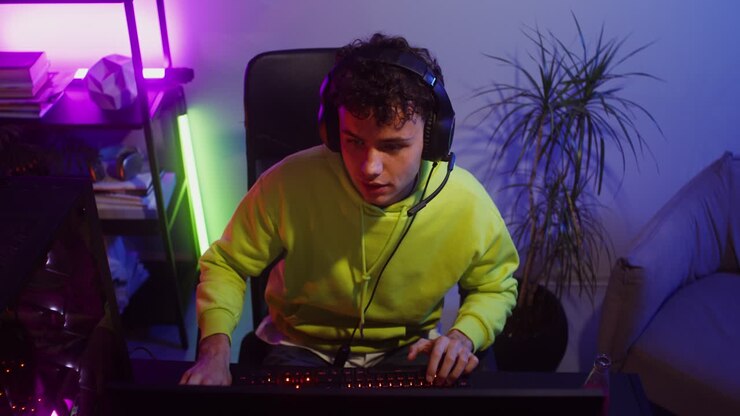Gamer playing video games with headset and neon lighting