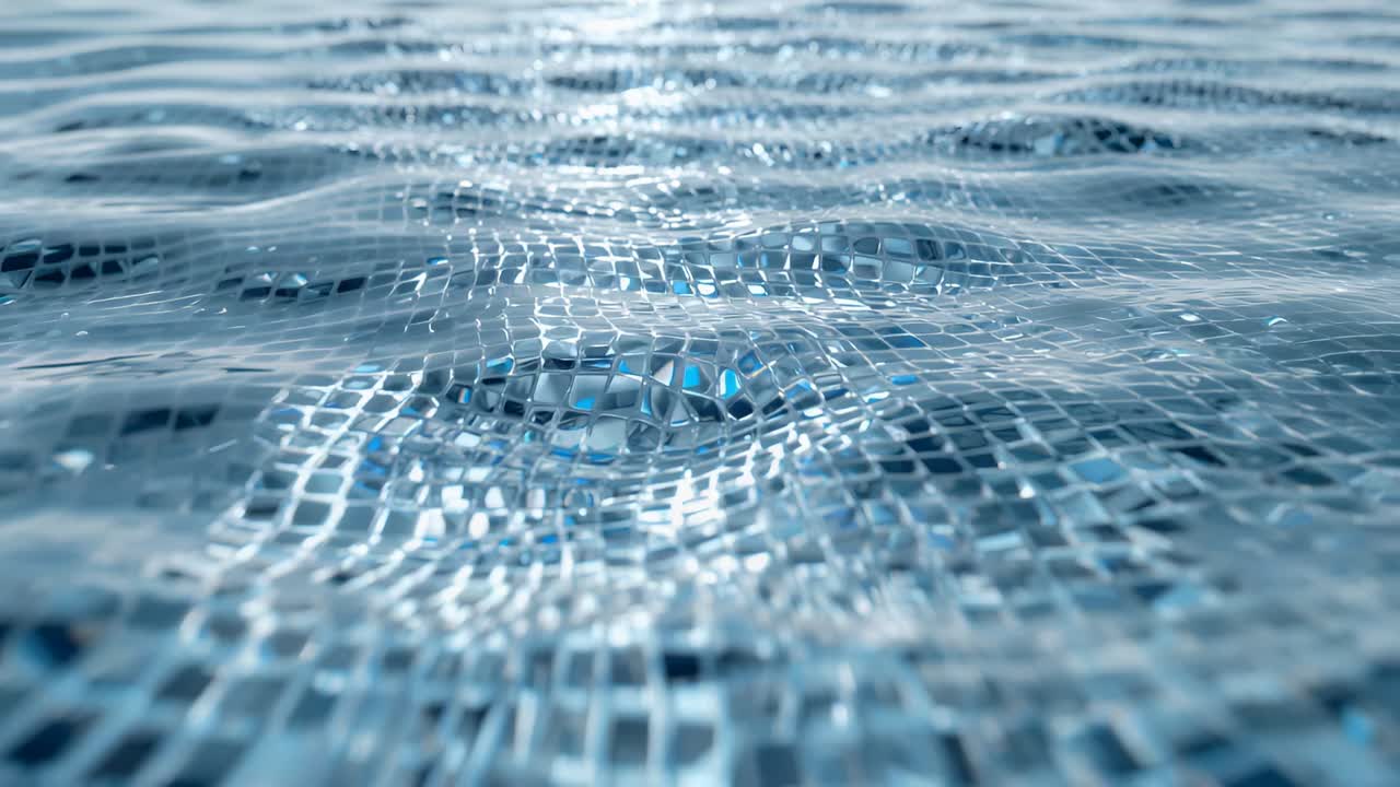 Superficie dell'acqua increspata che piega le tessere di mosaico sul fondo della piscina, mentre le onde all'estremità opposta si propagano, creando riflessi