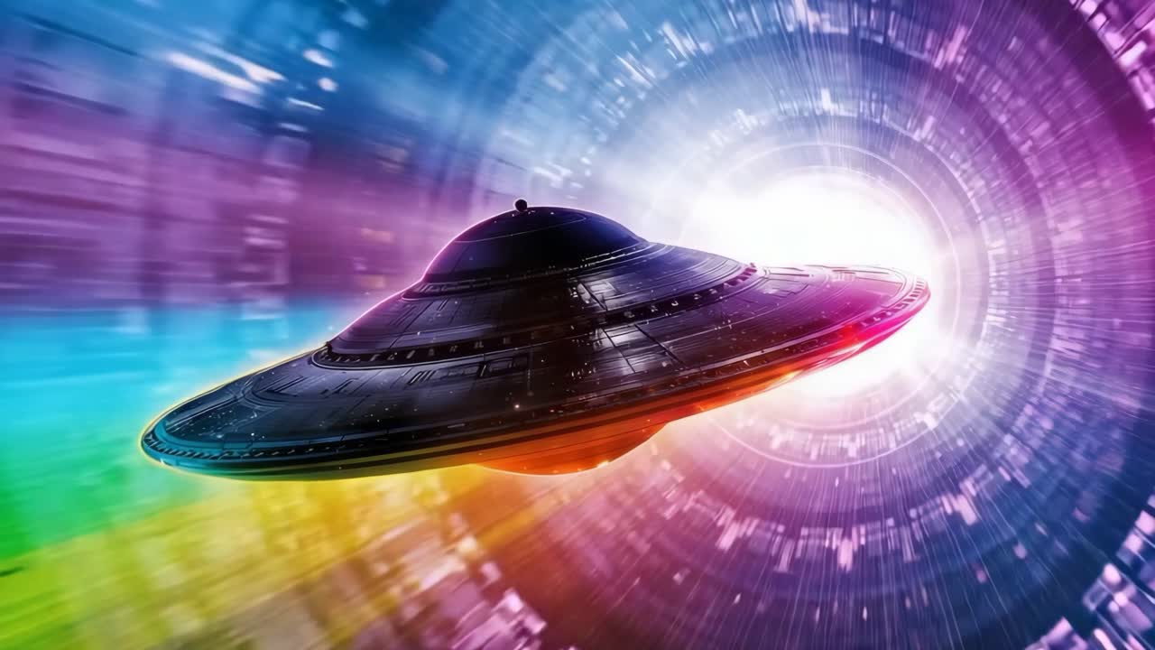 UFO Flying Through a Futuristic Portal