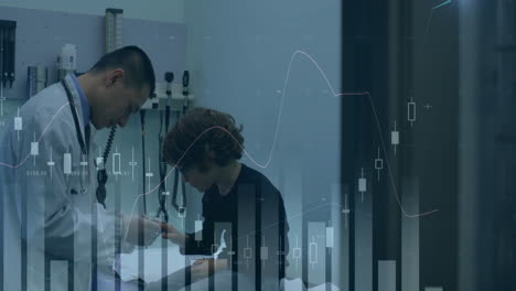 doctor examining patient wrist in medical clinic, with animated heart icon and floating chart