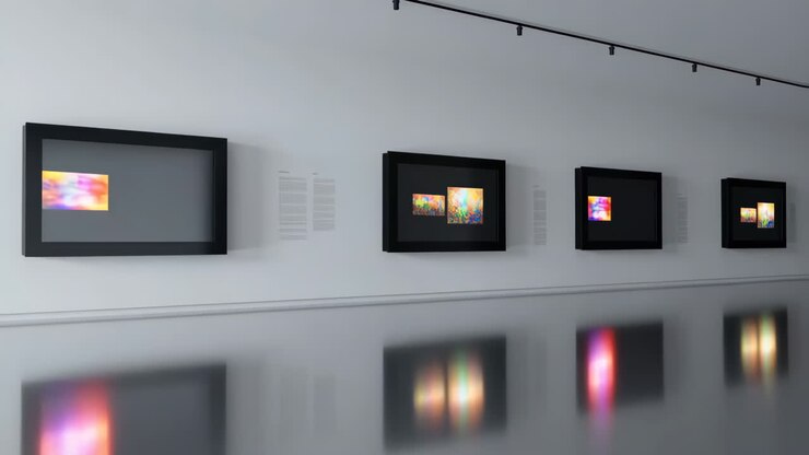 Mostra in galleria d'arte moderna con arte astratta digitale