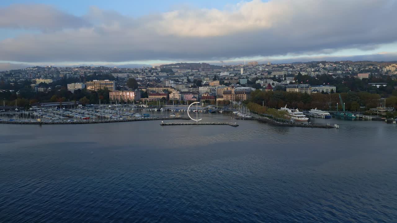 Push in drone shot of Ouchy Port in Lausanne Switzerland