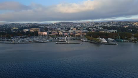push in drone shot of ouchy port in lausanne switzerland