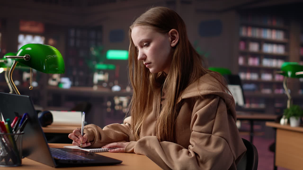 Vertical video college student working on laptop under green lamp in a quiet setting