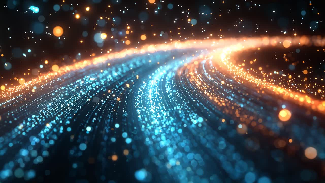 A bright blue and orange line of light is shown in the sky. The blue and orange colors create a sense of movement and energy