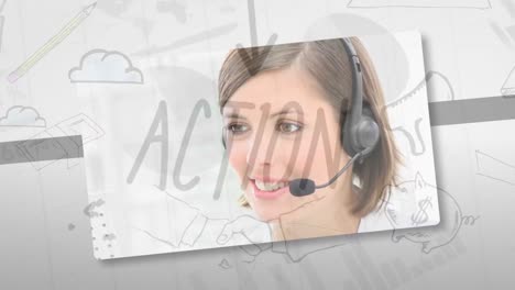 Animation-of-financial-data-processing-and-icons-over-diverse-business-people-using-phone-headset