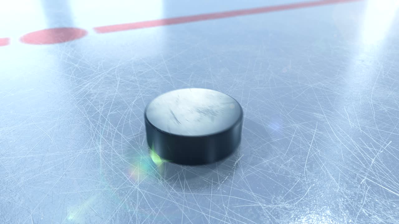 아레나 얼음에서 슬로우 모션 클로즈업으로 미끄러지는 아름다운 하키, 녹색 스크린 알파 매트에 도프 블러와 렌즈 플레어가 있는 3d 애니메이션.