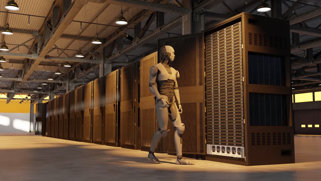 Humanoid robot standing in data center and yellow lights with server racks and industrial ceiling. Artificial intelligence and robotics technology concept.banner, poster, wallpaper, header