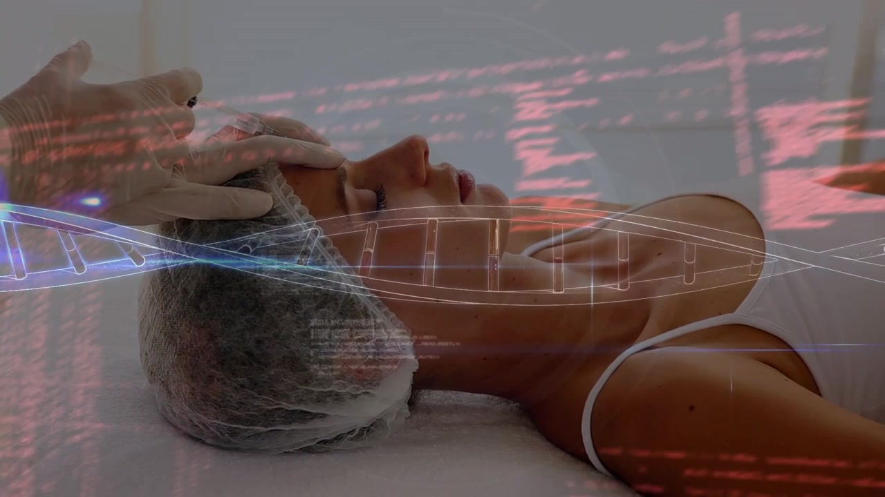 Animación del procesamiento de datos sobre una mujer usando un smartphone
