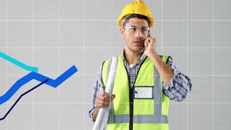 blue graphs moving over grid lines against male architect talking on smartphone