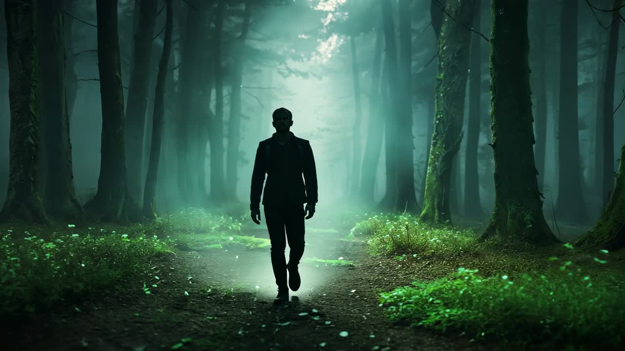Walking man approaching camera along mossy path with rim light revealing shape, wearing dark coat