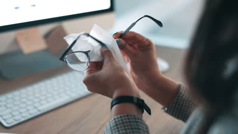 woman, call center and cleaning glasses for eye