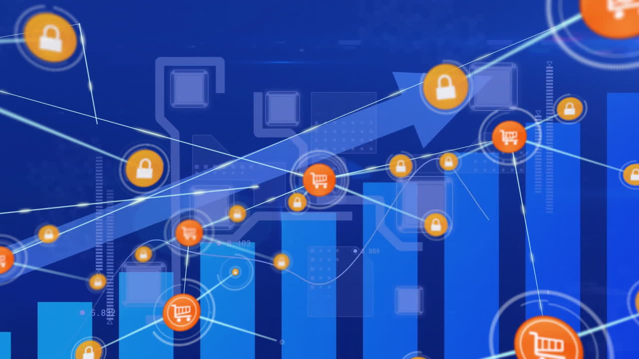 화살표로 통계에 대한 아이콘과 연결 네트워크의 애니메이션