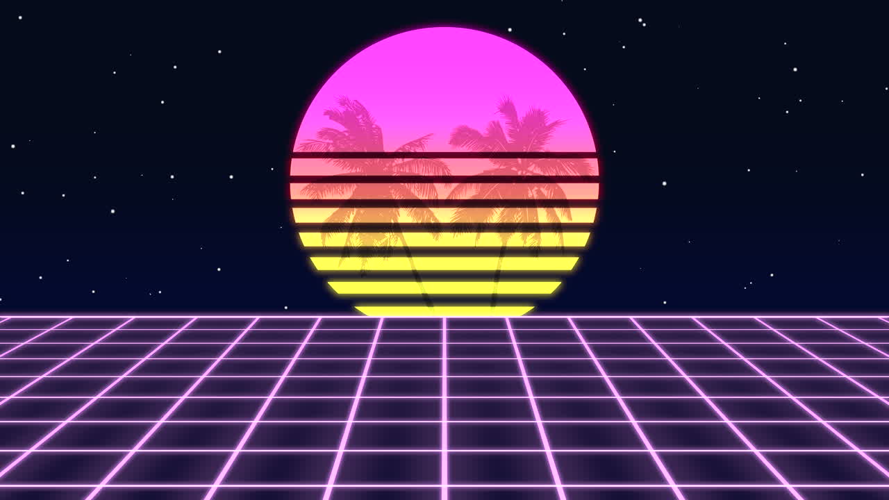 pixel art atardecer vibrante con palmeras en estilo de los años 80