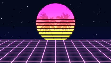 Retro-Pixelkunst,-Lebendiger-Sonnenuntergang-Mit-Palmen-Im-Stil-Der-80er-Jahre