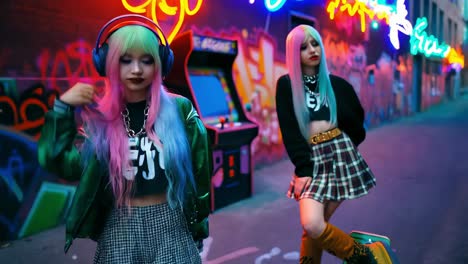 stylish teens in neon city