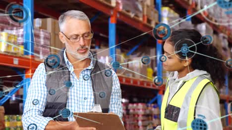 Animation-of-network-of-connections-over-man-and-woman-working-in-warehouse