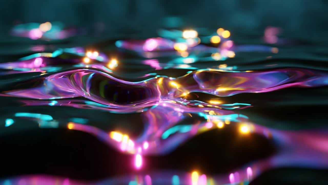 A mesmerizing abstract portrayal of colorful light reflections dancing on the surface of flowing water, showcasing vibrant hues and dynamic patterns in a serene yet captivating environment