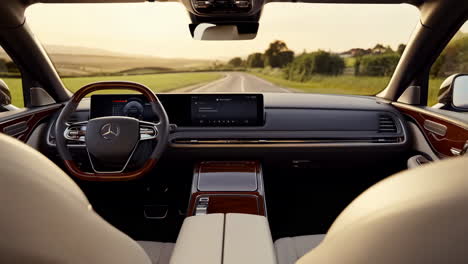 luxury car interior view on a scenic road at sunset