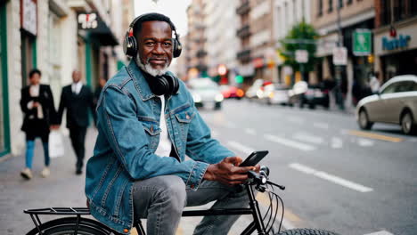 senior man with headphones and smartphone on a bicycle in the city