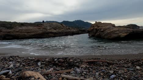 Cala-Oceánica,-Olas-Entrantes,-Con-Playa-De-Guijarros,-Rocas,-Madera-A-La-Deriva-Y-Conchas-Marinas-Y-Conchas-Marinas