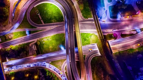 Night-Timelapse-Aerial-view-of-a-freeway-intersection-traffic-trails-in-night-Moscow