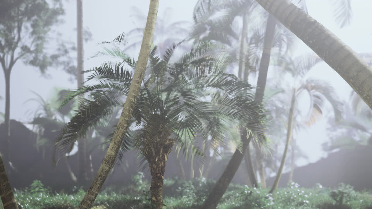 Lush tropical landscape shrouded in mist during early morning hours