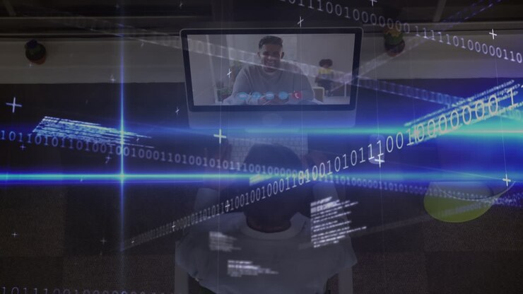 Animation of data processing over african american male student having online lecture