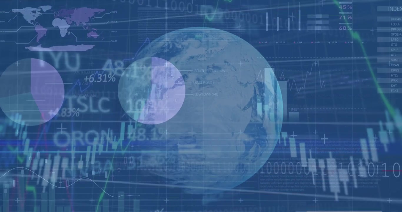 Animación de globo y gráficos y datos financieros sobre un espacio azul