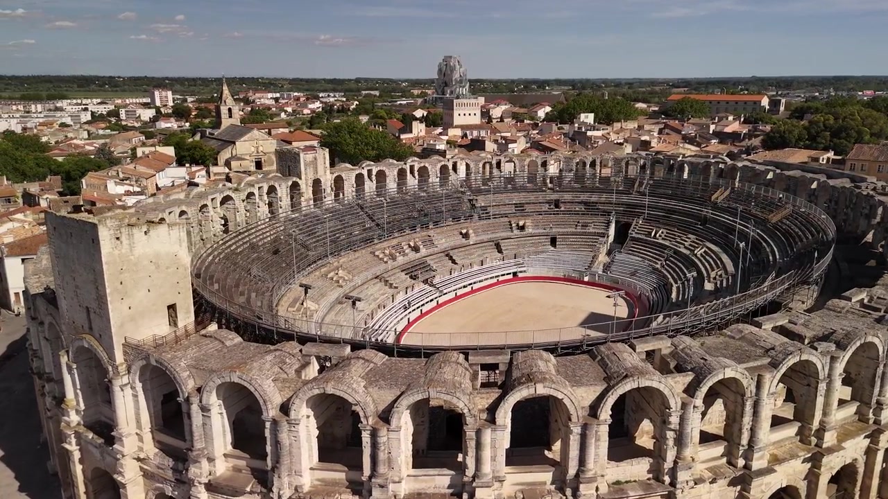 Amphithéâtre d'Arles, France, de l'Empire romain, monument du monde antique, Europe médiévale, paysage aérien