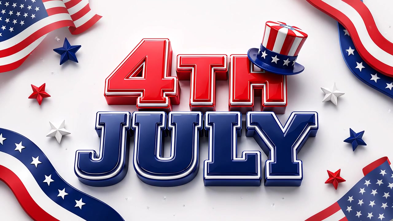 Patriotic July fourth typography with Uncle Sam hat and decorative national symbols