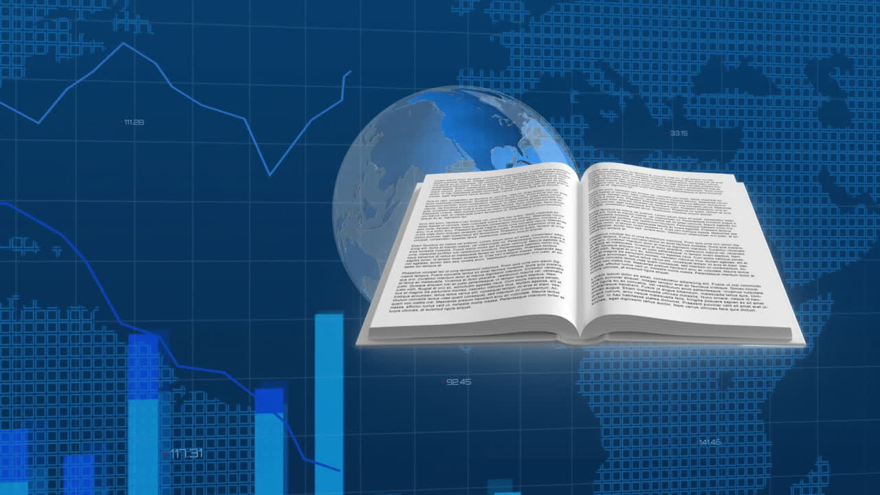 libro abierto con animación de texto sobre mapa del mundo y fondo del globo