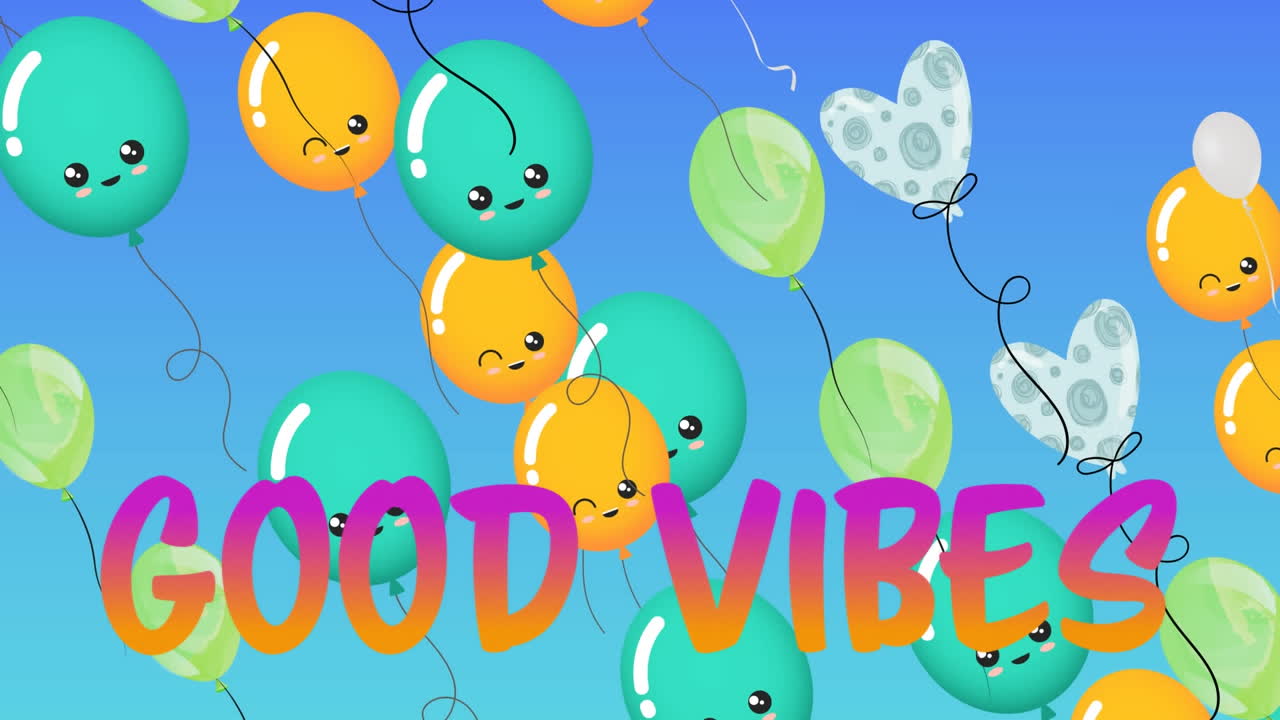 파란색에 떠다니는 풍선과 함께 분홍색과 오렌지색으로 좋은 진동이라는 단어의 애니메이션