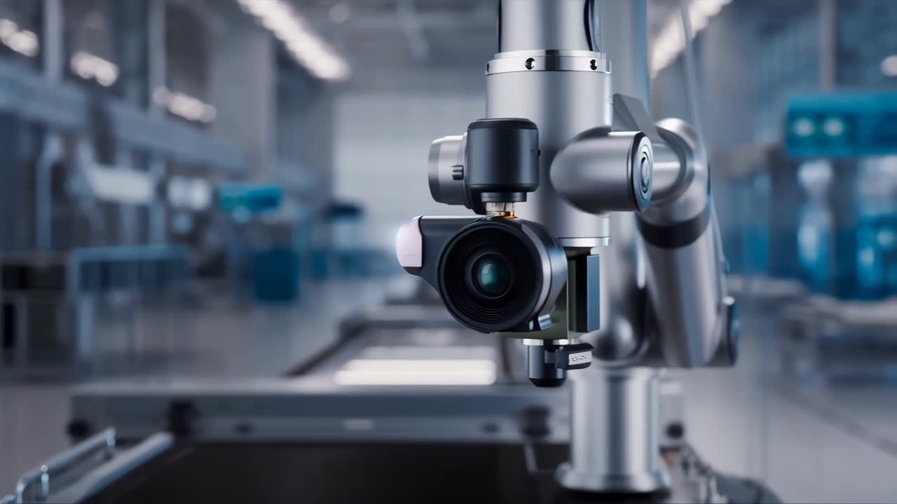 Robotic Arm with Camera on an Assembly Line in a Modern Factory