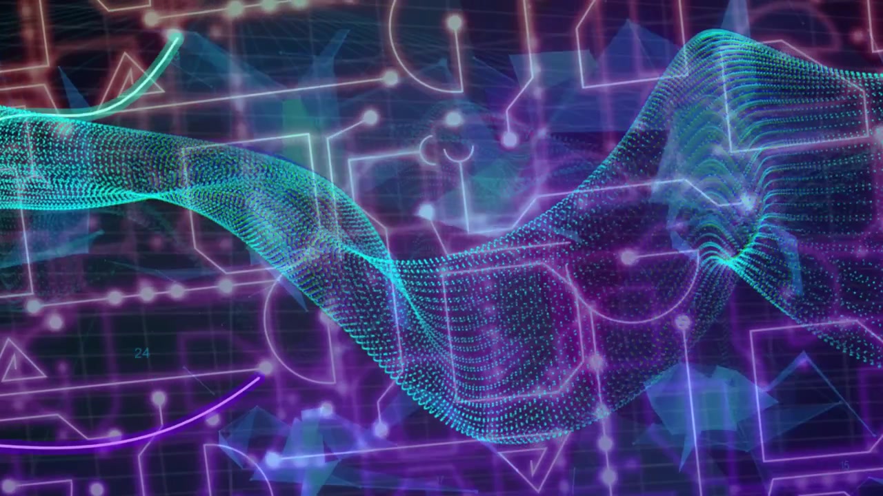 Teal dotted mesh ribbon undulating, cyan circle appearing, drawing neon lines inward to mark knot