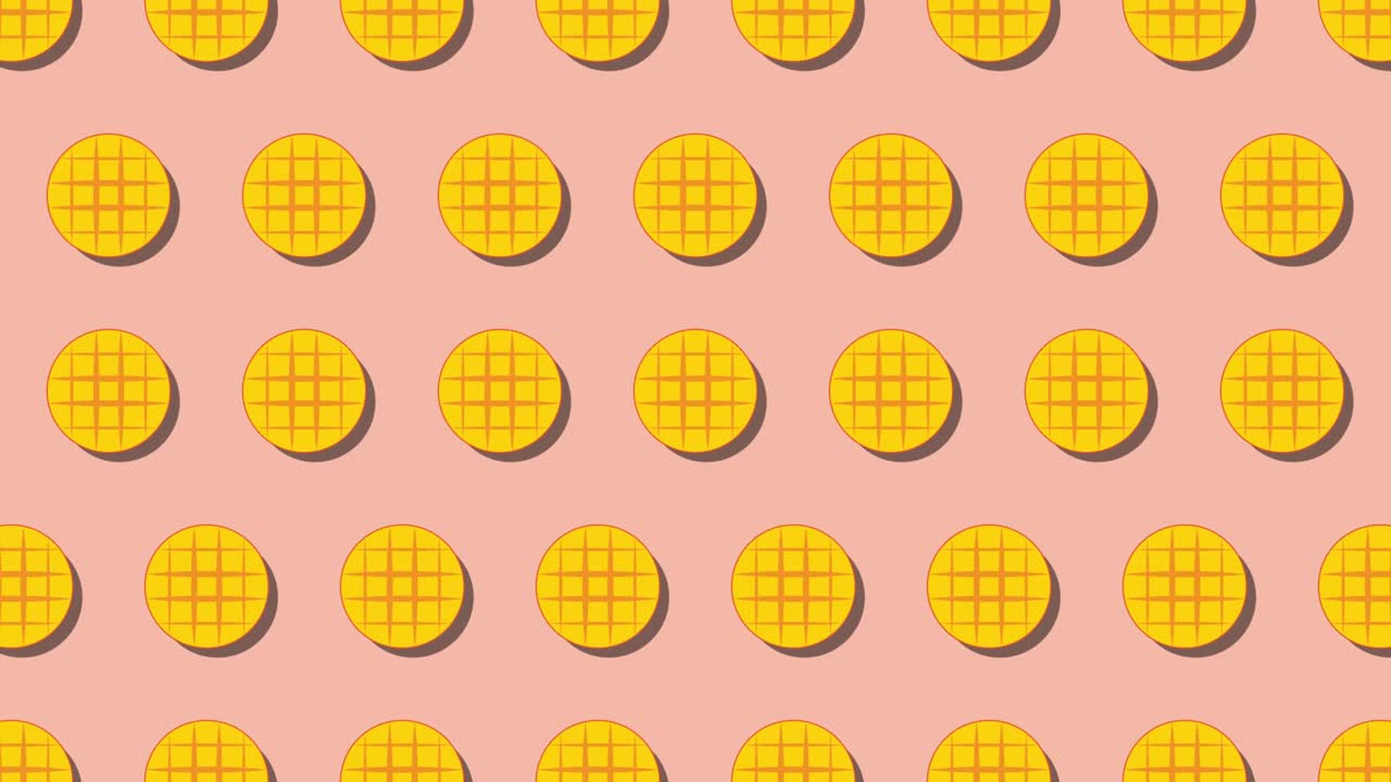오렌지색 배경에 있는 망고의 애니메이션 과일 아이콘 패턴: 간단하고 세련된 반복적인 요소와 함께 원활한 루프 음식 애니메이션