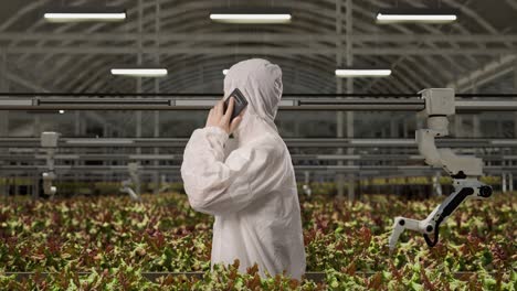 side view of asian man researcher talking on smartphone and smiling while standing in the greenhouse with smart robotic farmers