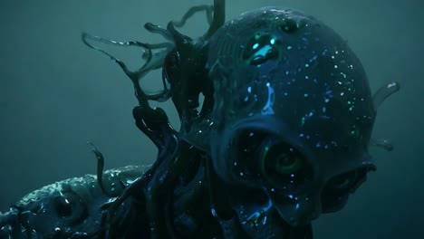una forma de vida alienígena con ojos verdes emerge del agua oscura, creando una atmósfera de misterio e intriga en un entorno de ciencia ficción.