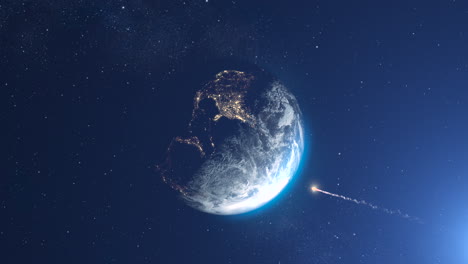 la tierra desde el espacio por la noche con un meteorito