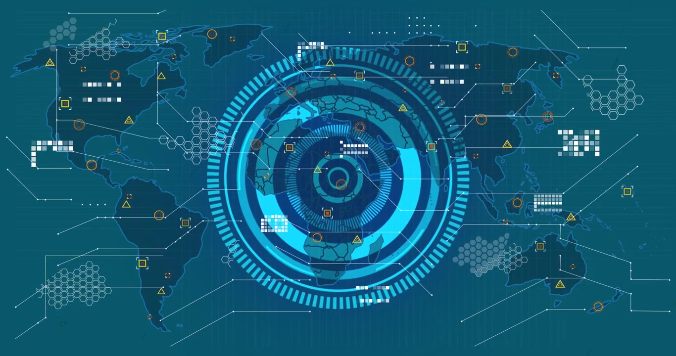 Futuristic World Map with HUD Elements and Global Data Connections
