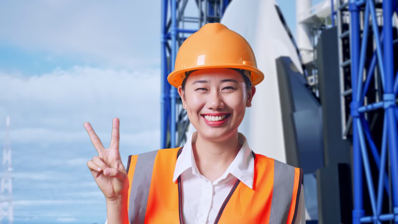 안전 헬을 입은 아시아 여성 엔지니어가 미소 짓고 우주왕복선에 서서 평화의 몸짓을 보여줍니다.