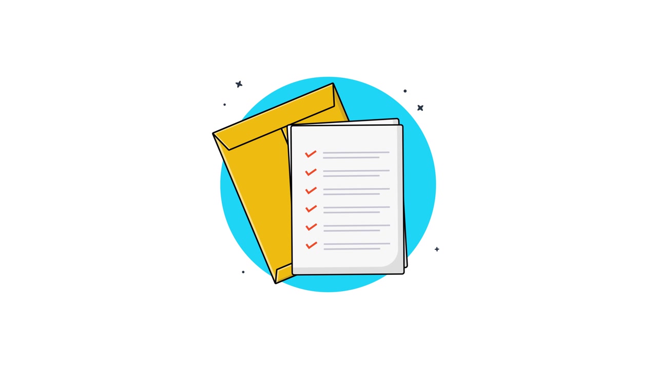 Illustrazione animata di un documento con checklist che scivola in una busta