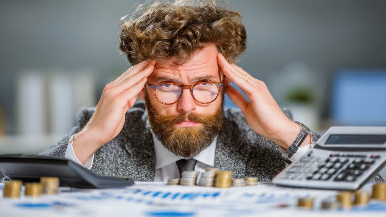 A Frustrated Businessman Struggles with Financial Decisions While Analyzing Charts and Coins on His Desk, Highlighting Stress in Investing and Planning