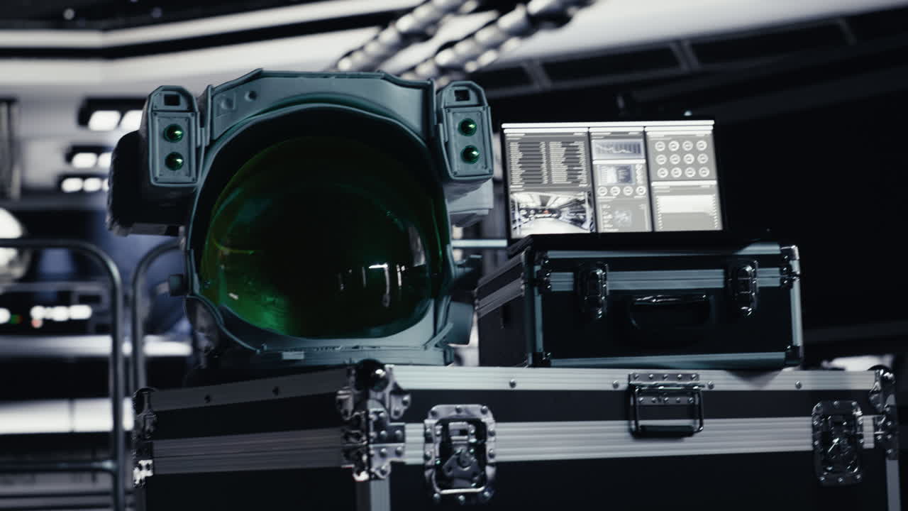 Cosmonaut equipment next to laptop in starship running telemetry software