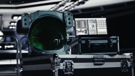 cosmonaut equipment next to laptop in starship running telemetry software