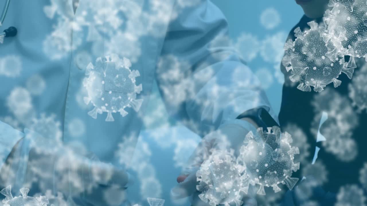 코로나19 세포와 남성 의사가 어린 소년을 치료하고 있습니다.